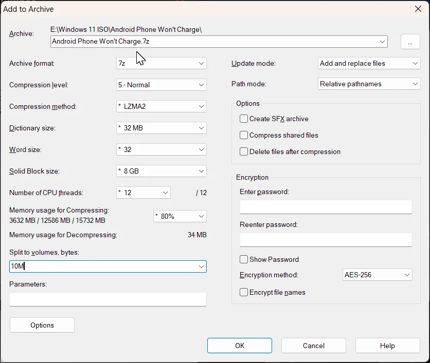 Cài đặt chia nhỏ dung lượng trong hộp thoại Add to Archive của 7-Zip