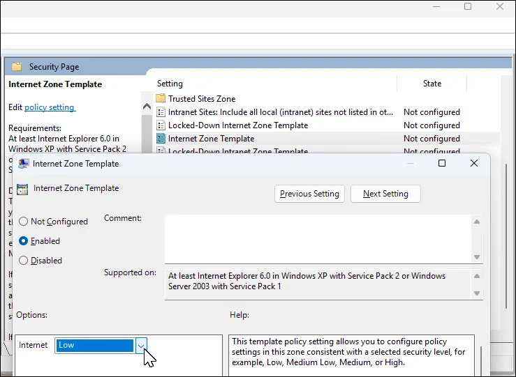 Cài đặt chính sách Internet Zone Template trong Group Policy Editor để cấu hình mức độ bảo mật