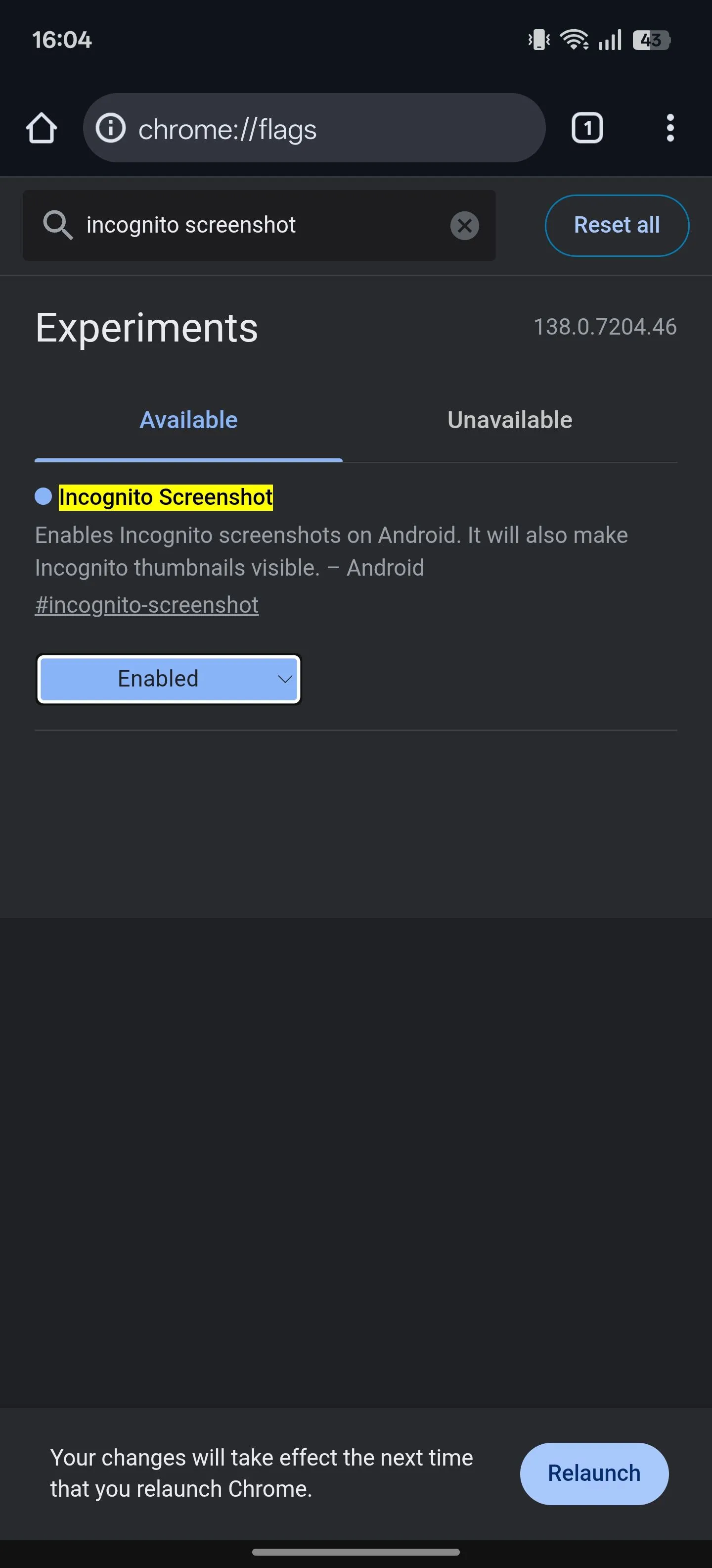 Cài đặt cờ &quot;Incognito Screenshot&quot; thành Enabled trong Chrome cho Android để kích hoạt chụp màn hình ở chế độ ẩn danh