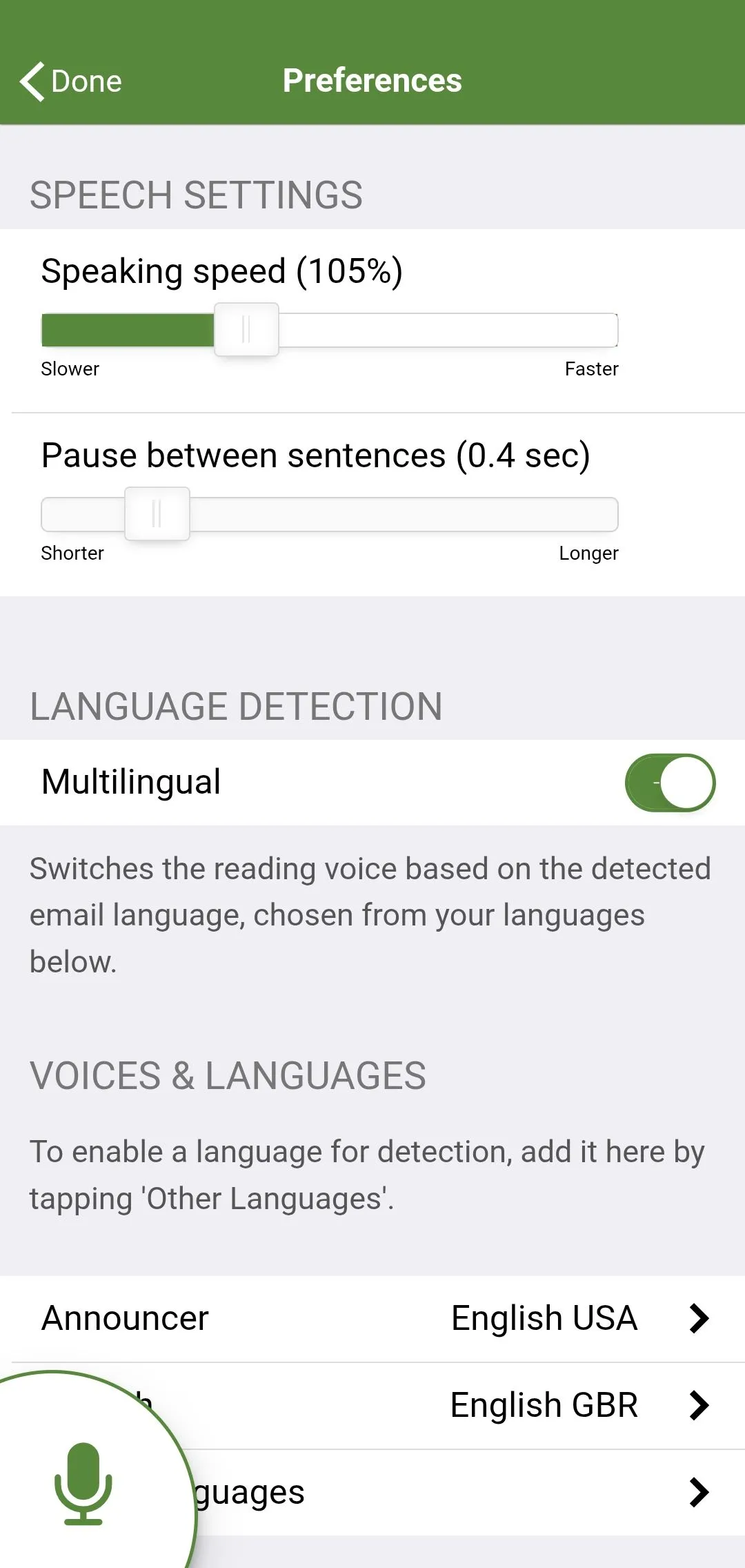 Cài đặt điều chỉnh giọng nói trong Speaking Email, cho phép người dùng tùy chỉnh tốc độ và âm điệu