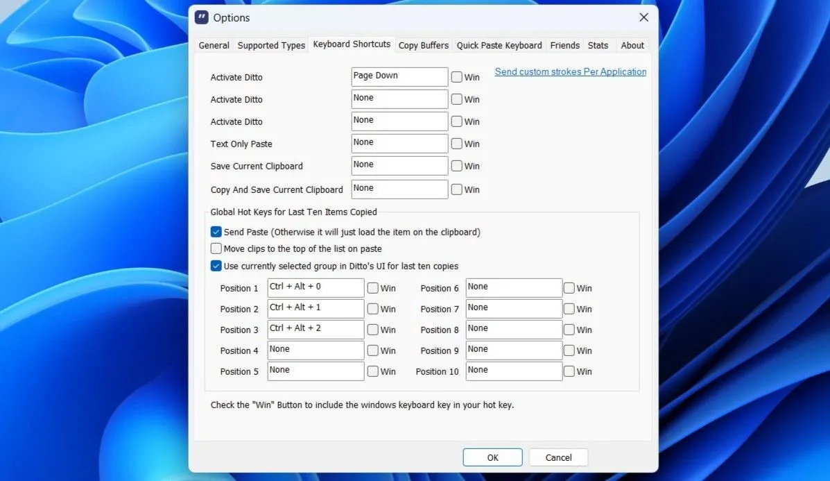 Cài đặt Ditto Clipboard hiển thị tab tùy chỉnh phím tắt
