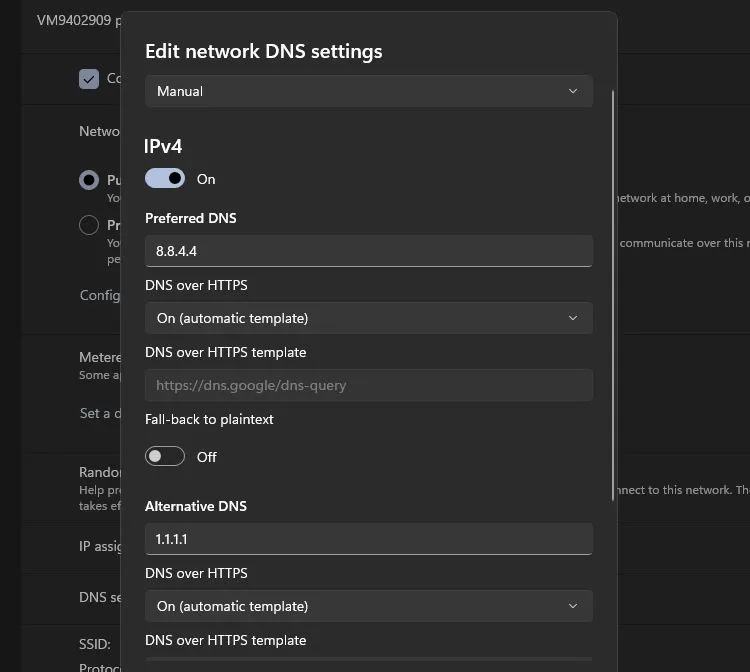 Cài đặt DNS tùy chỉnh trên hệ điều hành Windows 11, hiển thị giao diện cấu hình Preferred và Alternate DNS