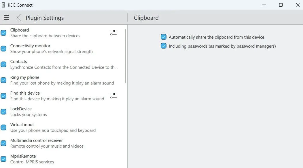 Cài đặt đồng bộ khay nhớ tạm trong ứng dụng KDE Connect trên Windows, hiển thị tùy chọn cho tính năng Clipboard Sync