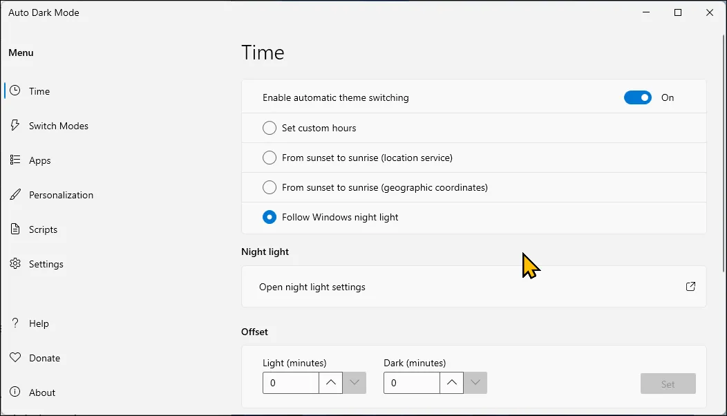 Cài đặt giao diện Auto Dark Mode trên Windows 11, cho phép người dùng lên lịch chuyển đổi theme sáng/tối.