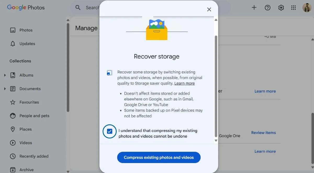 Cài đặt Google Photos hiển thị tùy chọn &quot;Storage saver&quot; và quản lý bộ nhớ, giúp nén ảnh và video để tối ưu không gian lưu trữ.