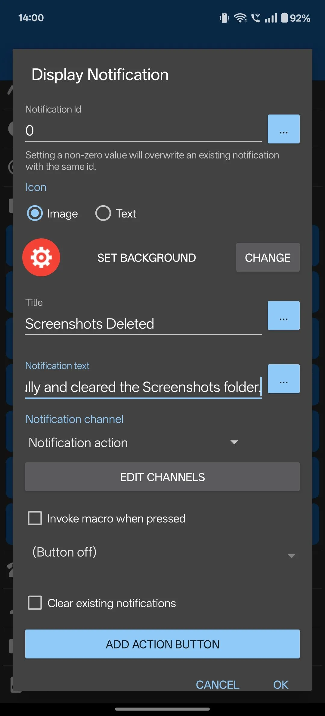 Cài đặt hành động hiển thị thông báo (Display Notification) cho macro MacroDroid