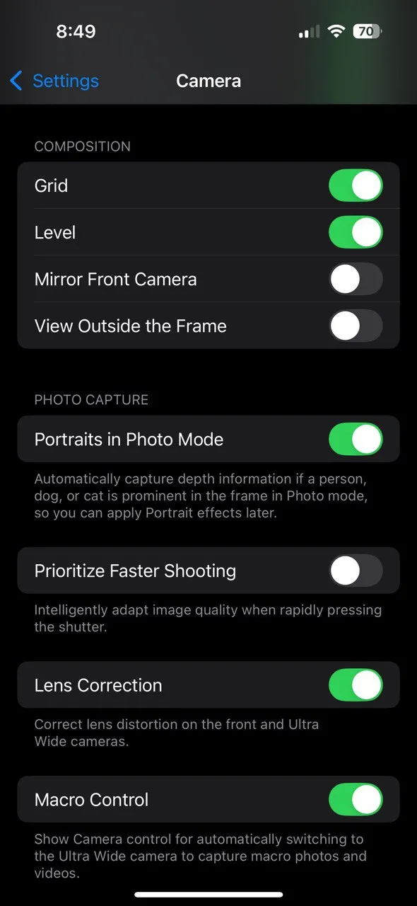 Cài đặt hiển thị lưới Quy tắc 1/3 trong ứng dụng camera iOS, hỗ trợ người dùng bố cục ảnh đẹp tự nhiên