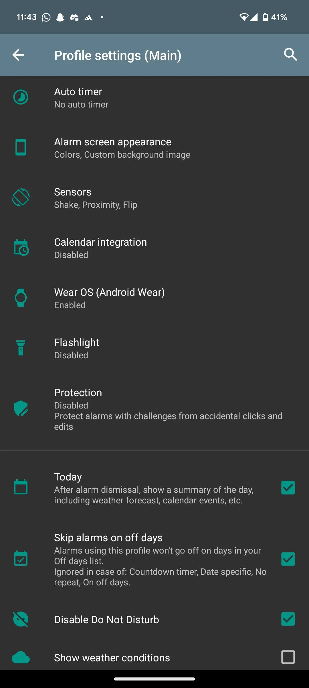 Cài đặt hồ sơ báo thức trong ứng dụng AMdroid, cho phép tùy chỉnh sâu về âm thanh, độ sáng màn hình và bảo vệ tắt báo thức.