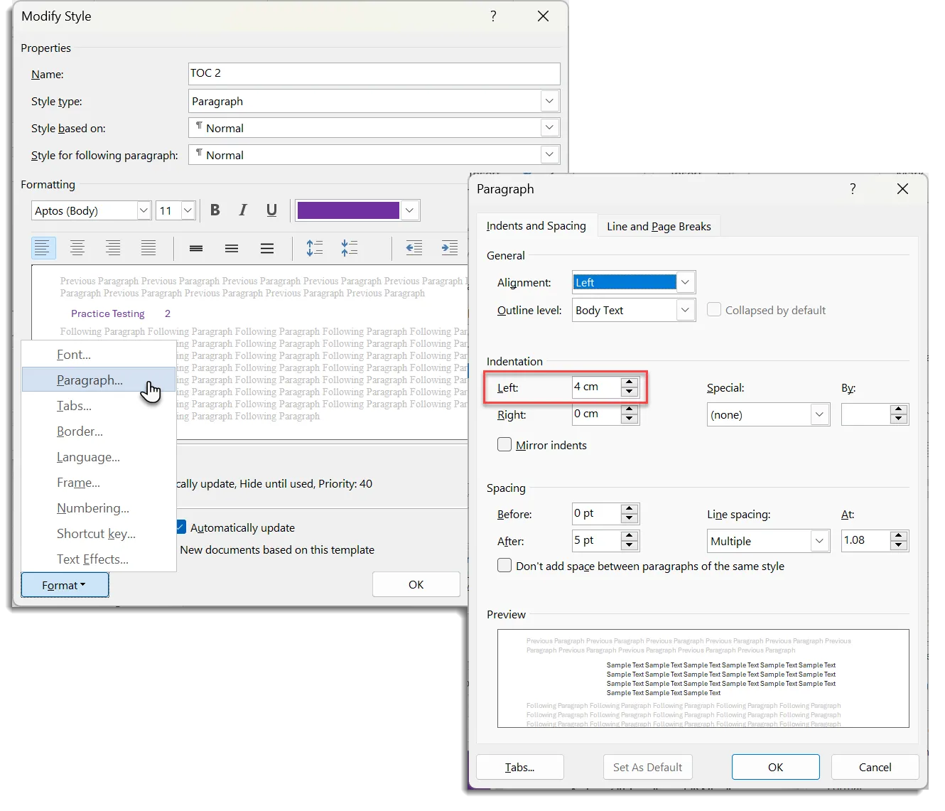 Cài đặt Indentation trong Paragraph giúp căn chỉnh lề trái cho văn bản mục lục trong Word