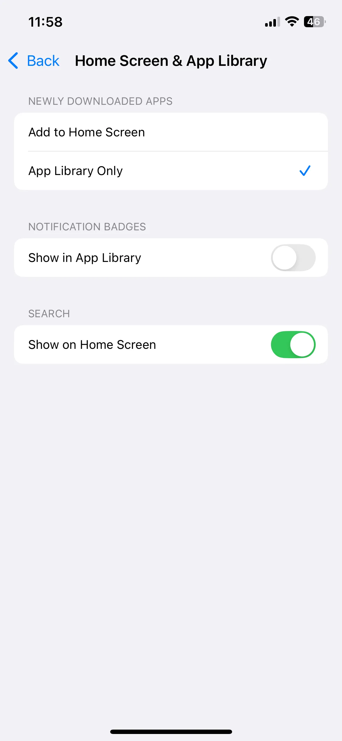 Cài đặt màn hình chính iPhone với tùy chọn 'Chỉ Thư viện ứng dụng' được chọn cho các ứng dụng mới tải về.