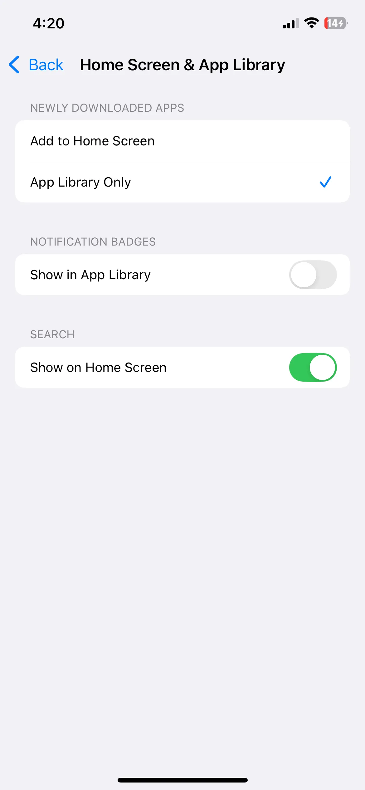 Cài đặt màn hình chính và thư viện ứng dụng trên iPhone, cung cấp tùy chọn về cách các ứng dụng mới xuất hiện sau khi tải xuống.
