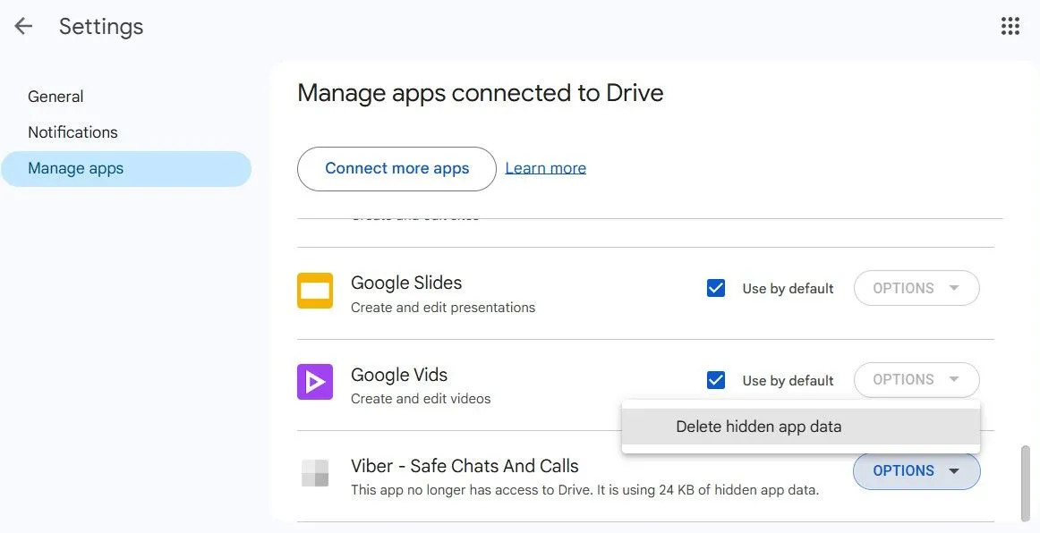 Cài đặt &quot;Manage apps&quot; trong Google Drive hiển thị dữ liệu ẩn của ứng dụng, cho phép người dùng xóa để giải phóng dung lượng.