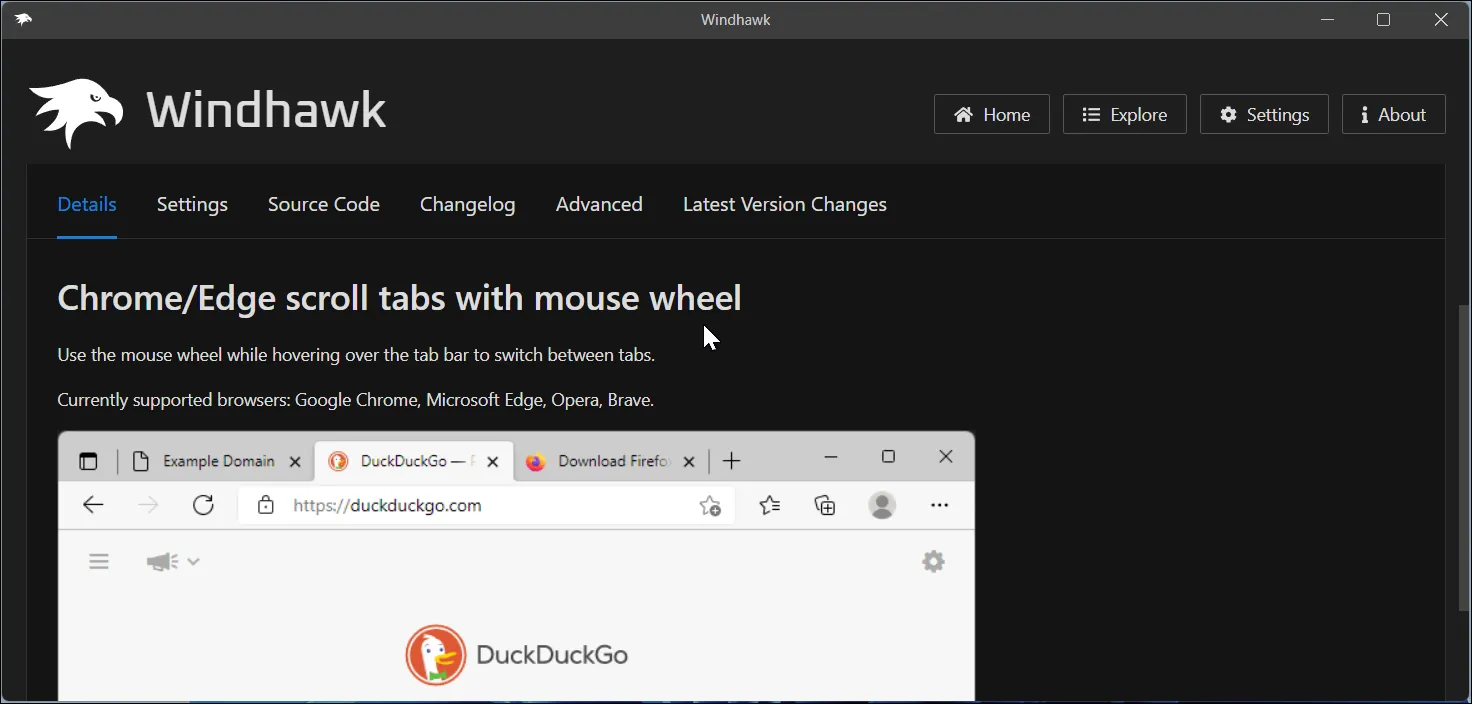 Cài đặt mod Chrome Edge Scroll Tabs With Mouse Wheel trong Windhawk cho phép cuộn qua các tab trình duyệt bằng con lăn chuột