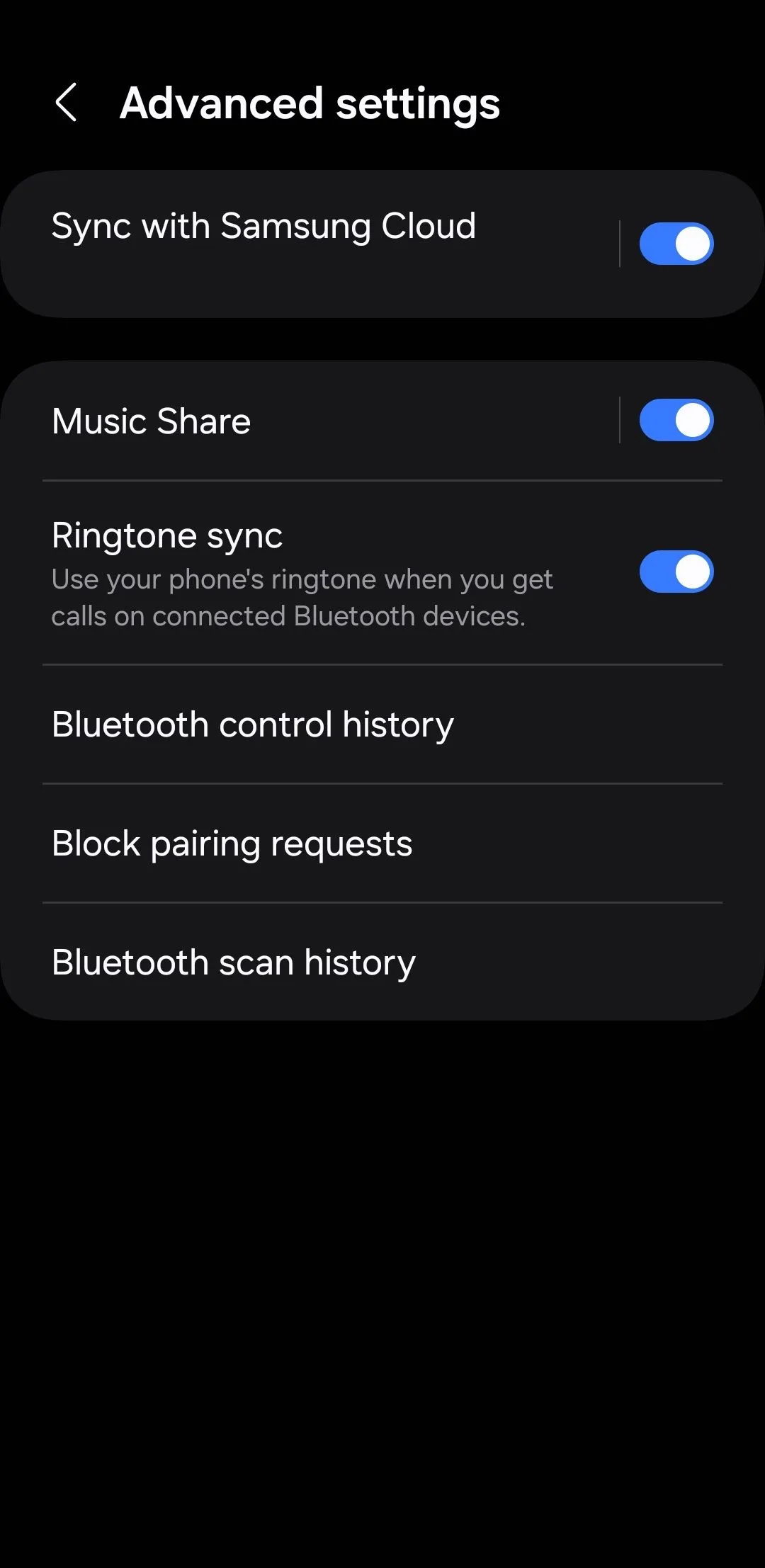 Cài đặt nâng cao Bluetooth trên điện thoại Samsung, nơi kích hoạt tính năng Chia sẻ nhạc.