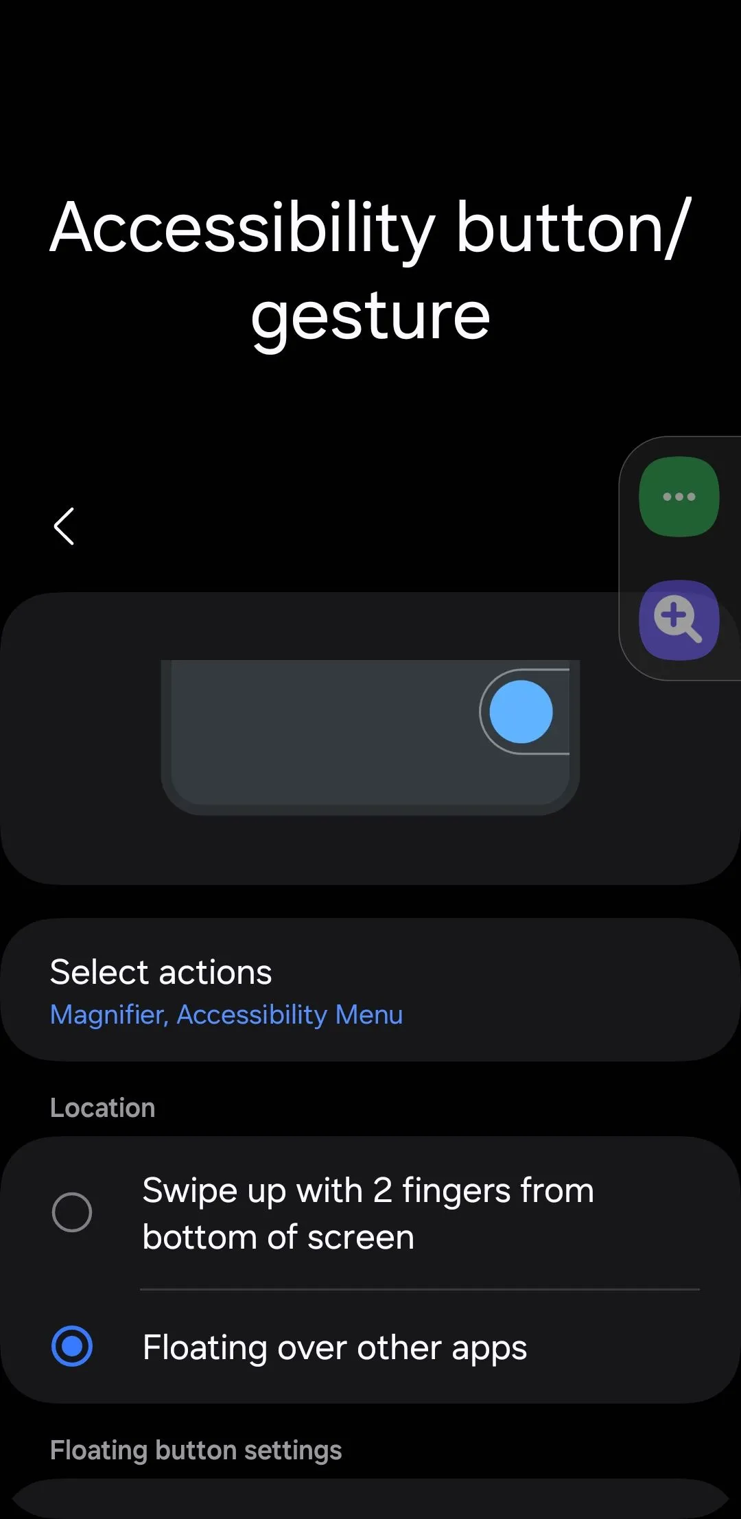 Cài đặt nút trợ năng trên Android, cho phép kích hoạt menu trợ năng nổi hoặc phím tắt trên màn hình.