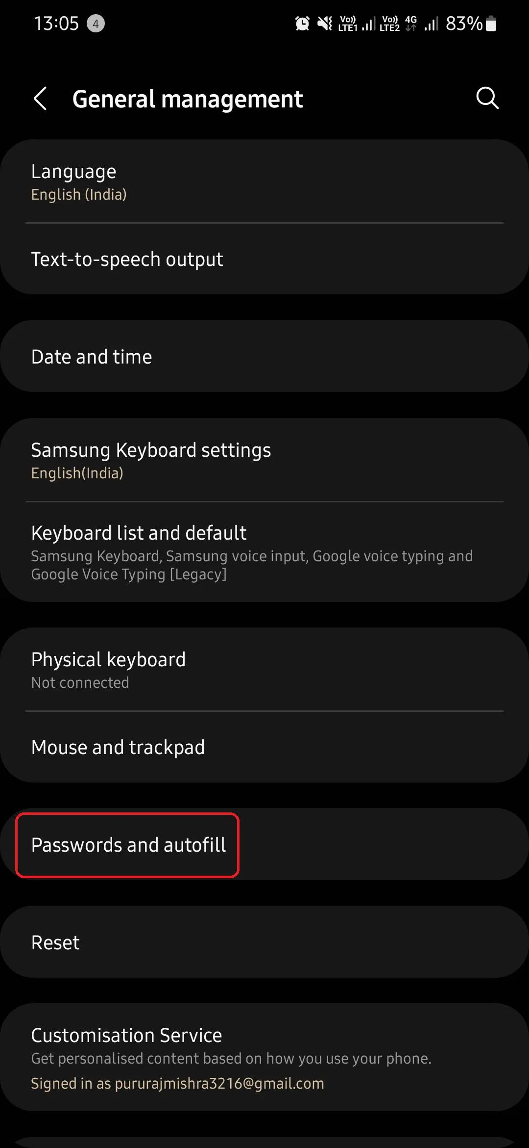 Cài đặt Quản lý chung trên Samsung Galaxy, với tùy chọn Mật khẩu và tự động điền