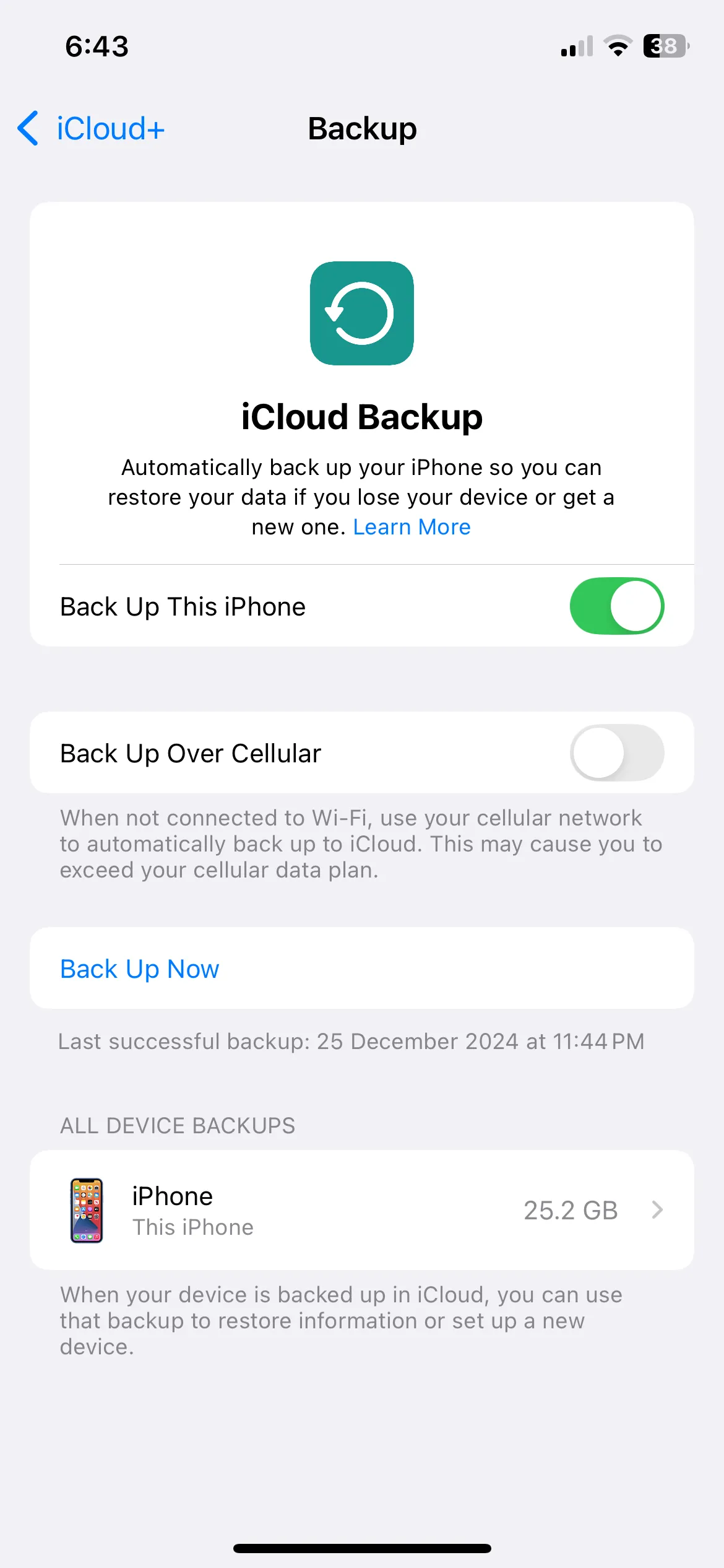 Cài đặt sao lưu iCloud trên iPhone, bao gồm tùy chọn sao lưu qua mạng di động