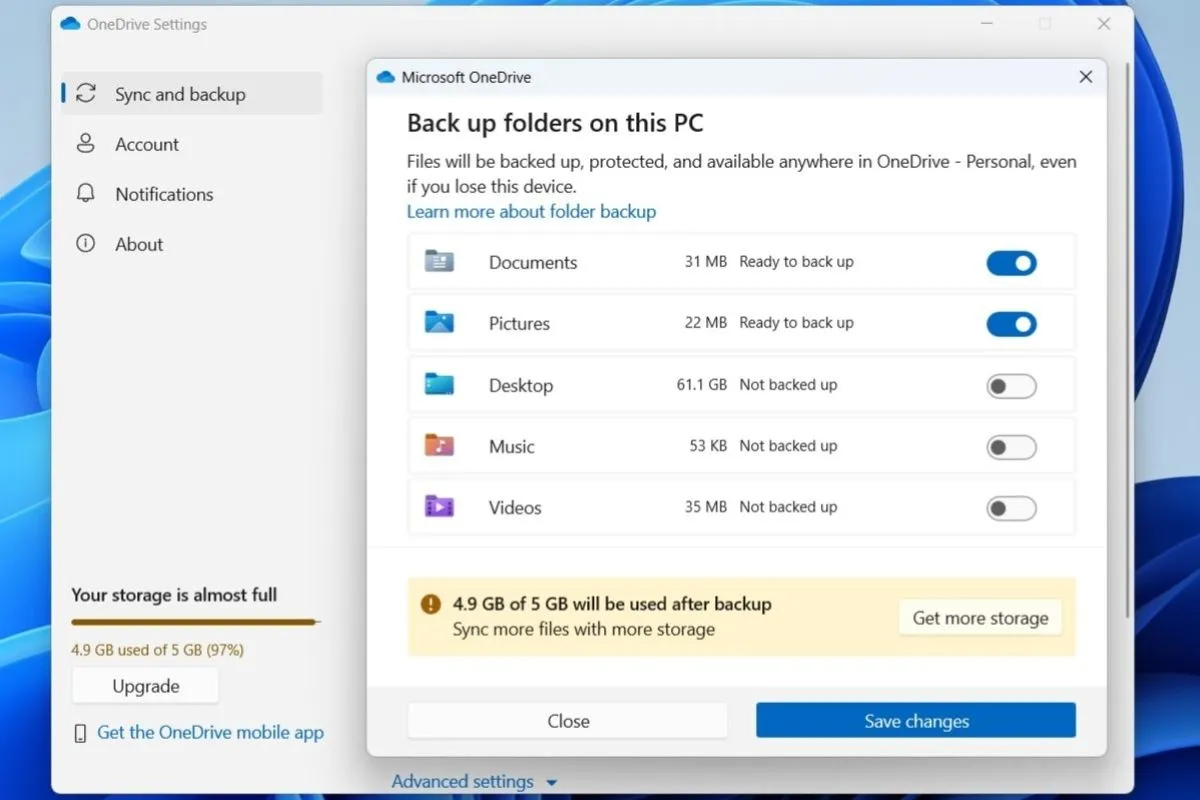 Cài đặt sao lưu OneDrive trên Windows