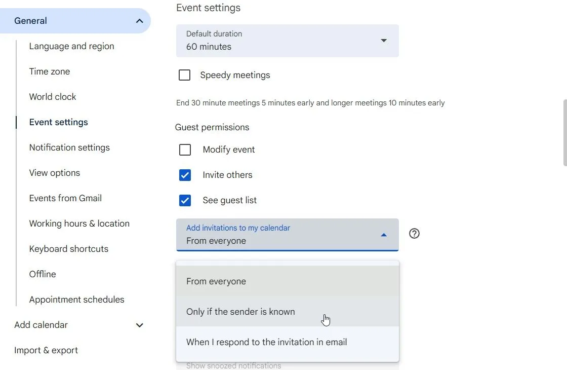 Cài đặt sự kiện trong Google Calendar để chặn lời mời từ người gửi không xác định