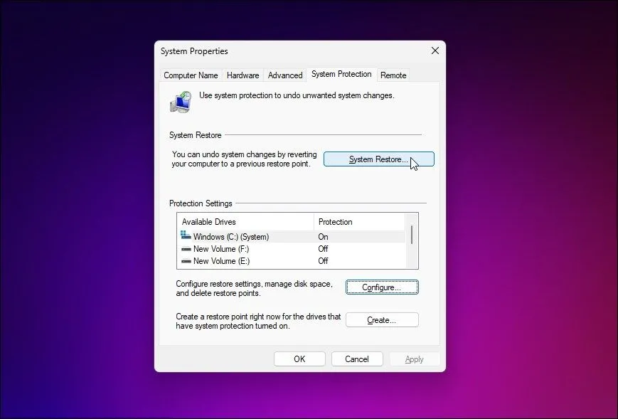 Cài đặt tab System Protection trong cửa sổ System Properties để cấu hình bảo vệ hệ thống trên Windows.