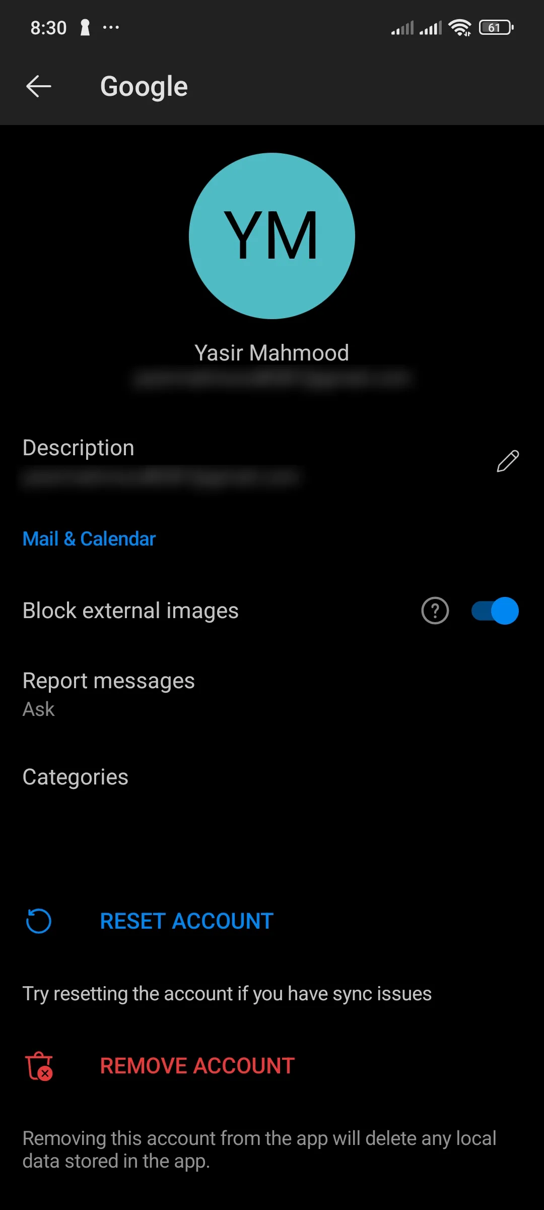 Cài đặt tài khoản Outlook trên ứng dụng Android với tính năng chặn hình ảnh bên ngoài được bật.