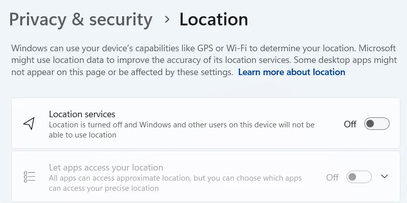 Cài đặt tắt dịch vụ định vị để bảo vệ quyền riêng tư trên Windows 11