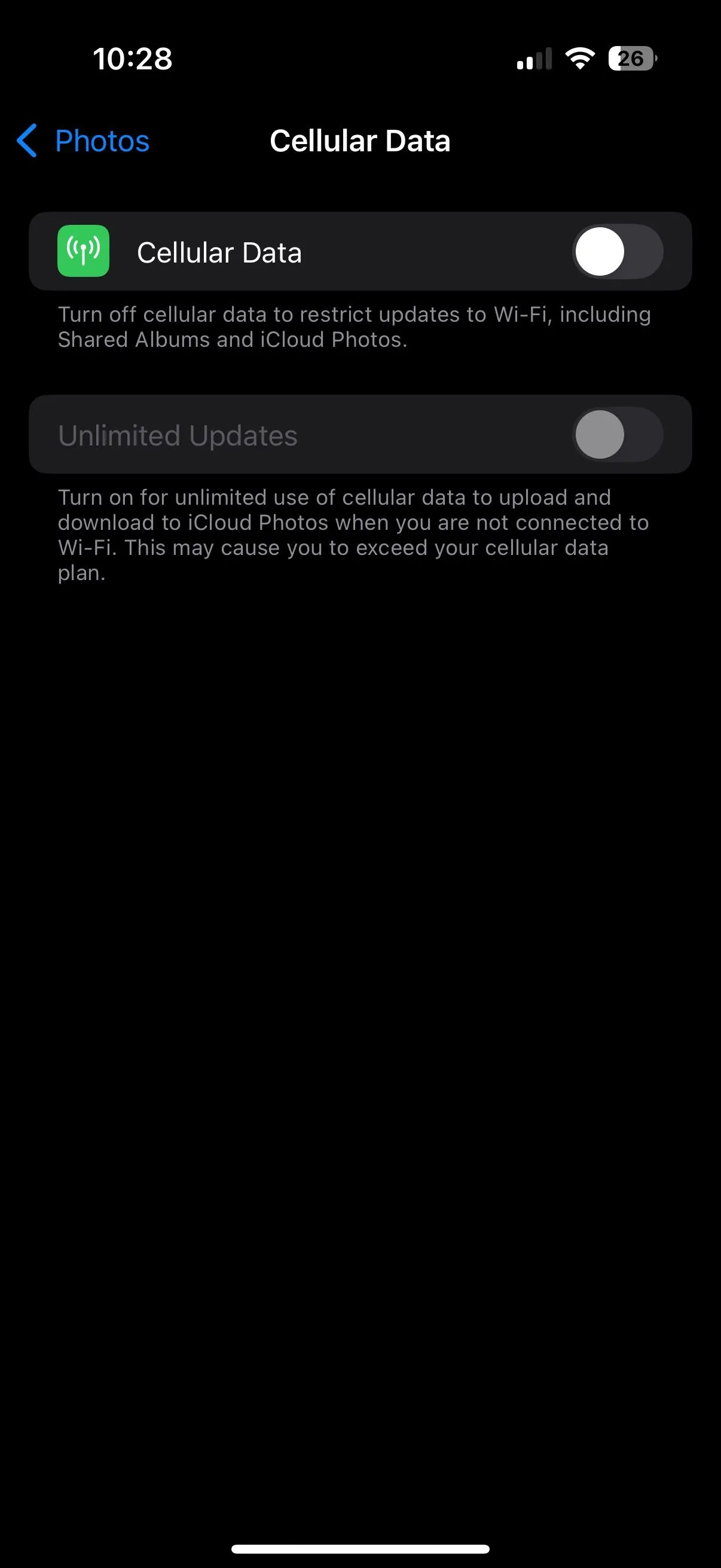 Cài đặt tắt đồng bộ ảnh iCloud qua dữ liệu di động để tiết kiệm data iPhone.