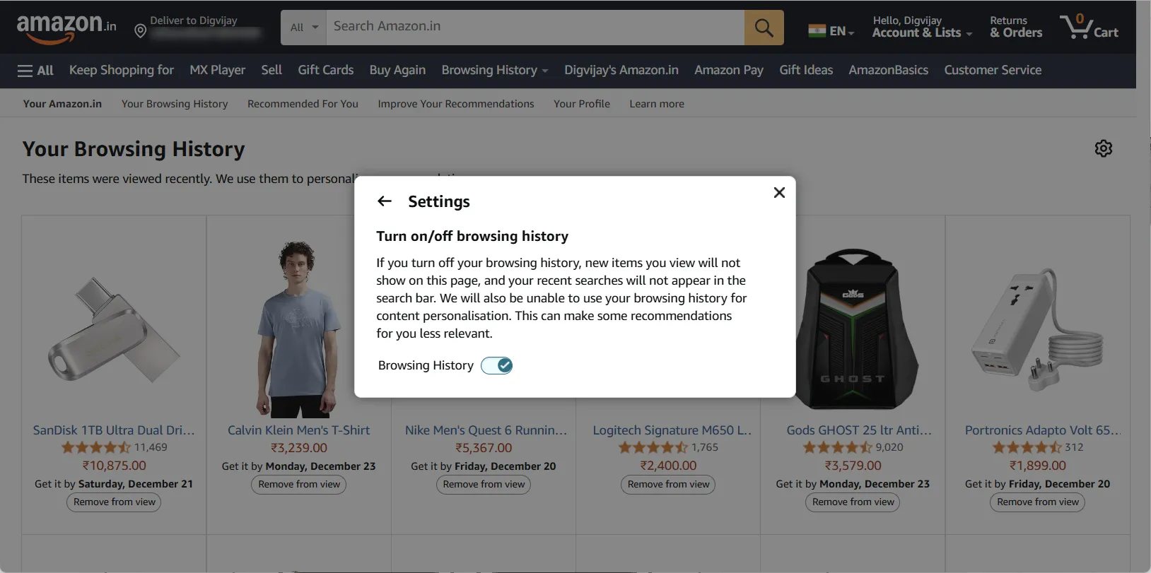 Cài đặt tắt tính năng lưu trữ lịch sử duyệt web Amazon