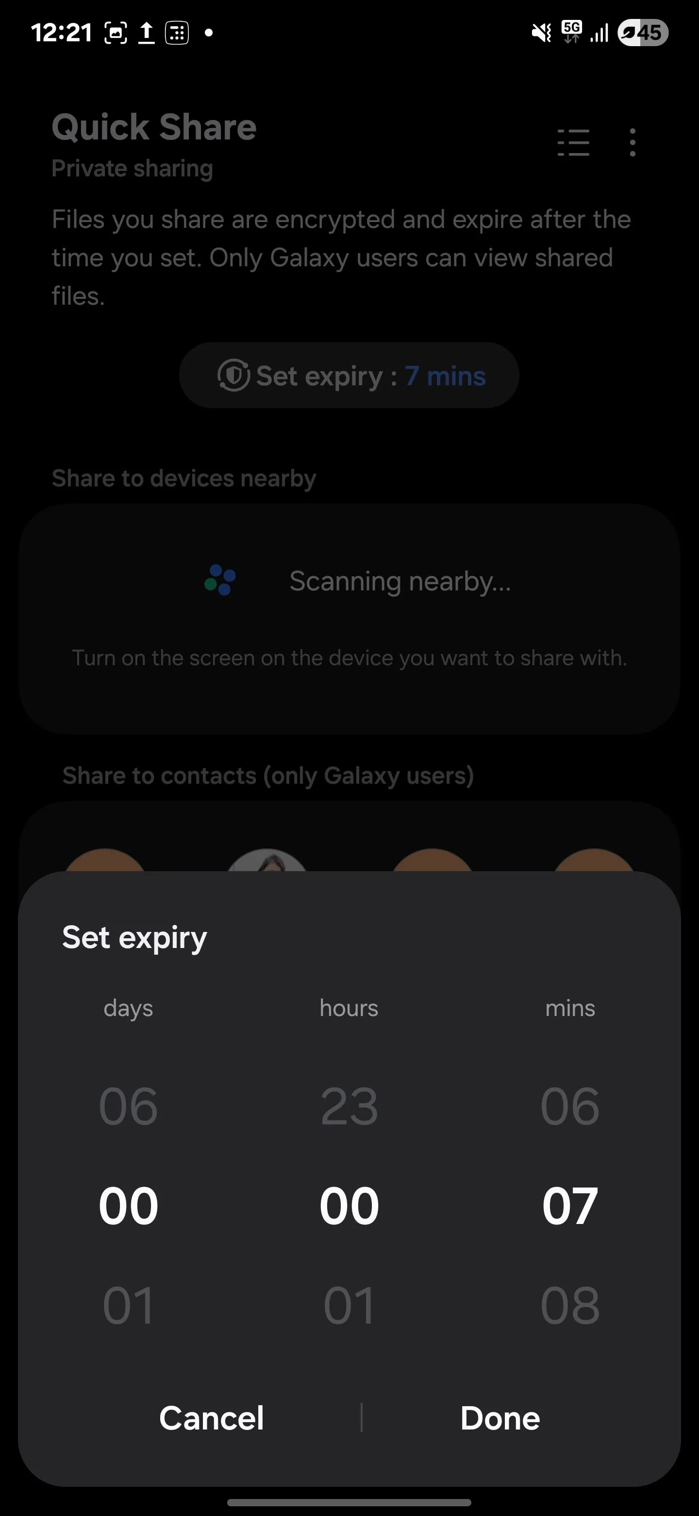 Cài đặt thời gian tự động hết hạn cho file chia sẻ riêng tư (Private Sharing) trên thiết bị Samsung Galaxy.