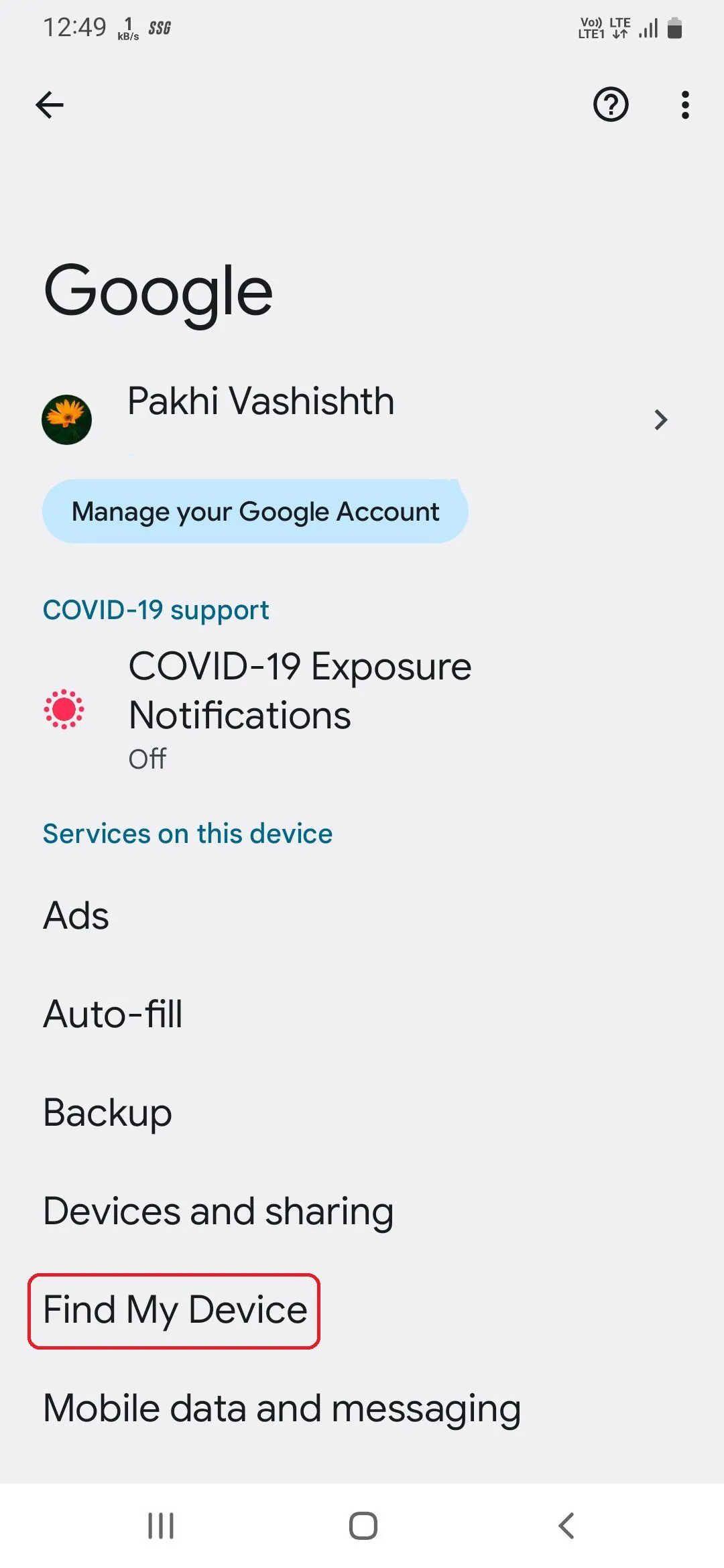 Cài đặt Tìm thiết bị của tôi (Find My Device) trong menu Google trên Samsung