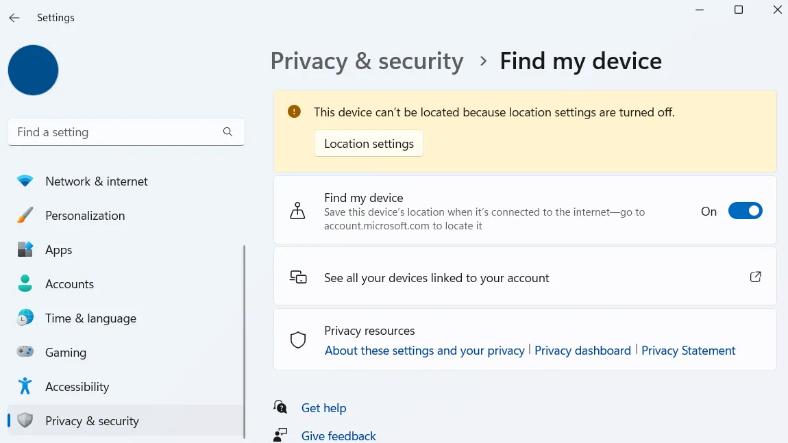 Cài đặt Tìm thiết bị của tôi trong Windows 11, nơi người dùng có thể kích hoạt tính năng định vị.