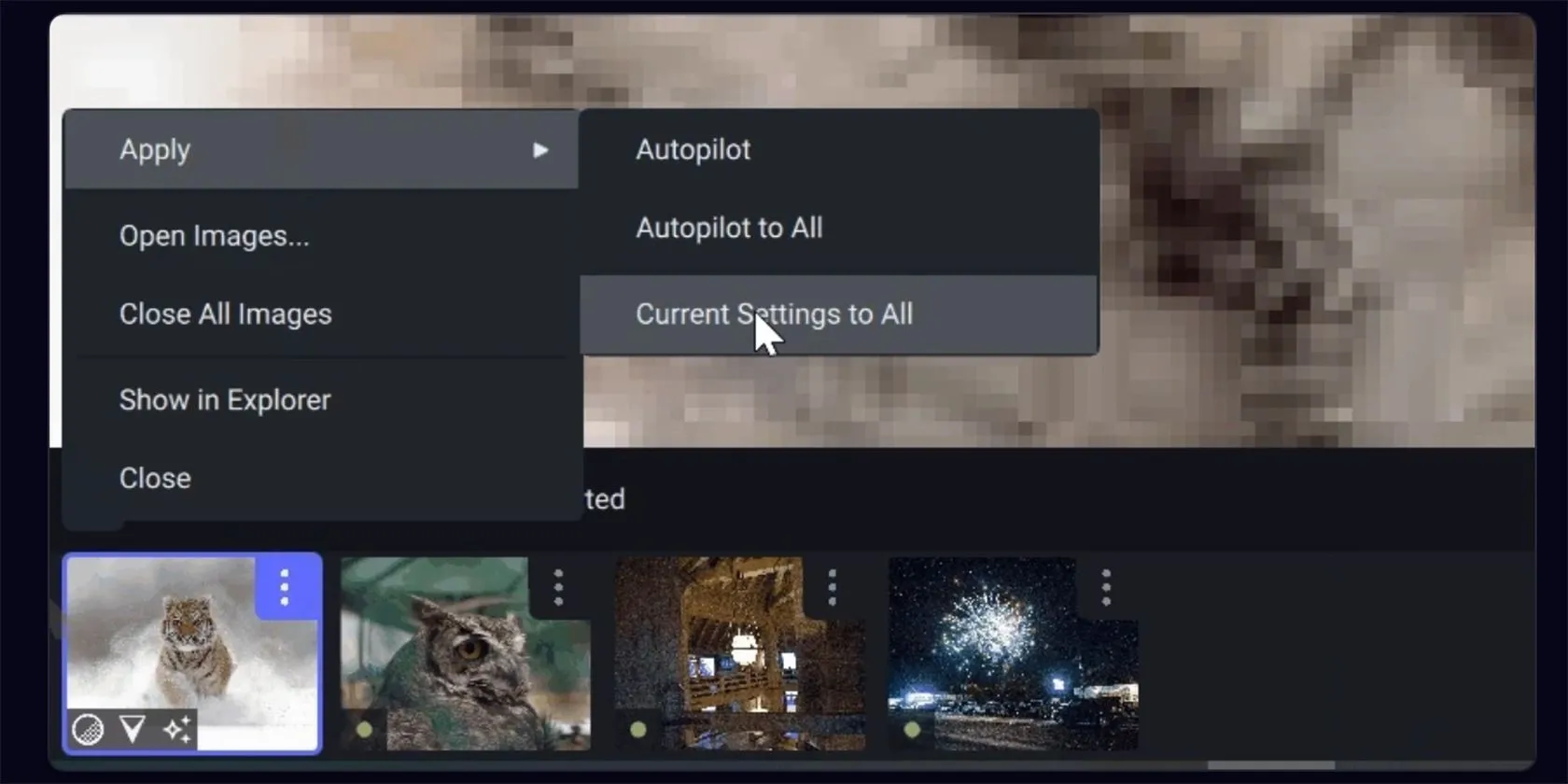 Cài đặt tính năng Autopilot của Topaz Labs, cho phép phần mềm tự động gợi ý và áp dụng các chỉnh sửa AI tối ưu.