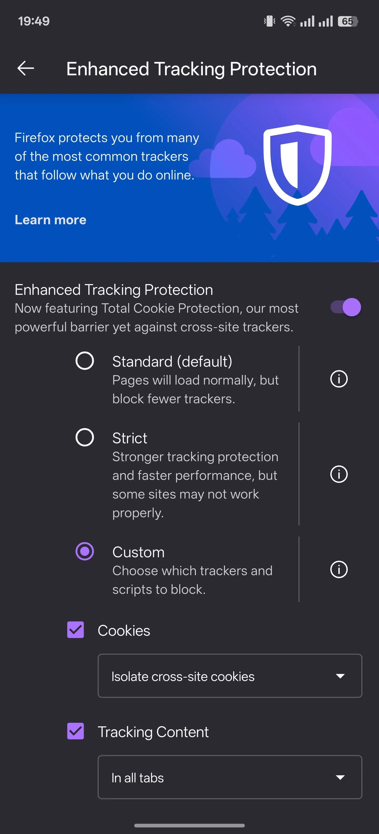 Cài đặt tính năng Bảo vệ Theo dõi Nâng cao (ETP) trong trình duyệt Firefox trên Android