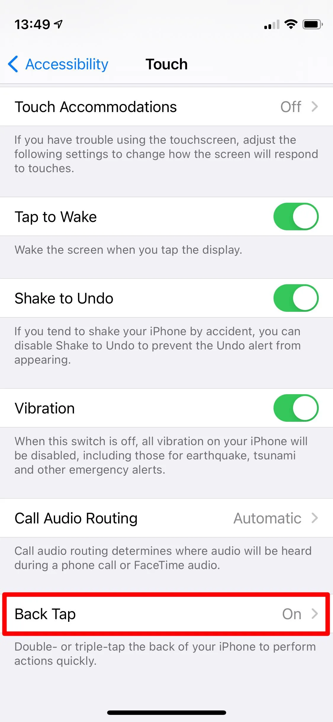 Cài đặt Trợ năng cảm ứng trong iPhone với tùy chọn Chạm vào mặt lưng (Back Tap)