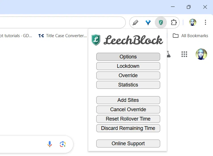 Cài đặt tùy chọn tiện ích LeechBlock NG trên trình duyệt Chrome để quản lý các trang web bị chặn.