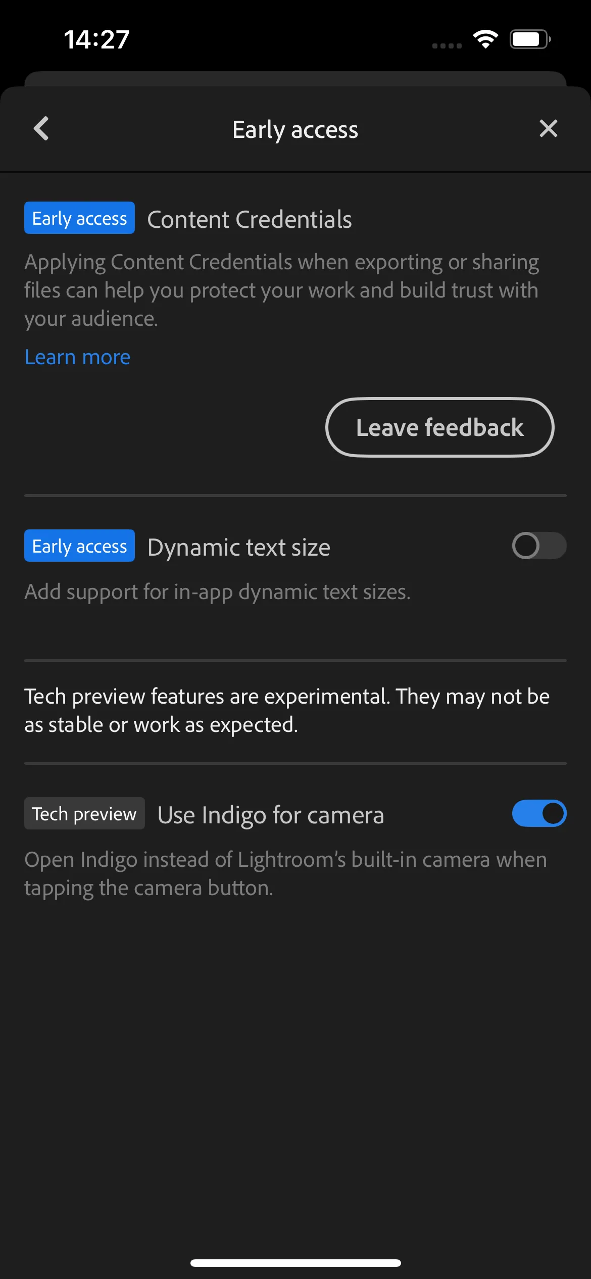 Cài đặt ứng dụng Lightroom Mobile hiển thị tùy chọn tích hợp Project Indigo