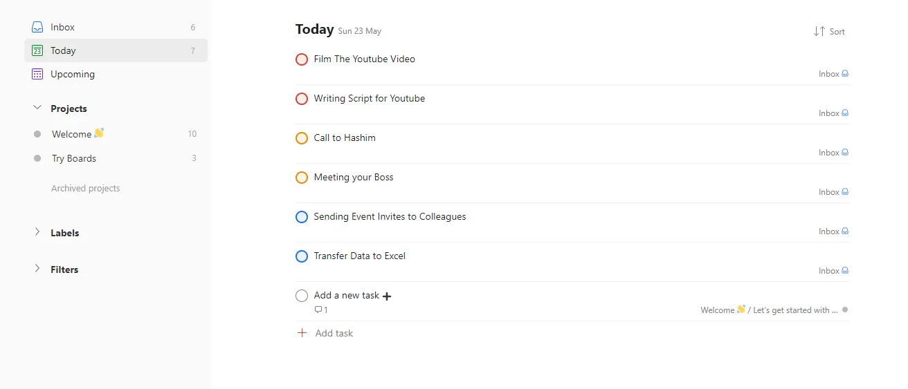 Cài đặt ưu tiên công việc cấp độ thấp nhất trong ứng dụng Todoist, minh họa cho việc phân loại nhiệm vụ