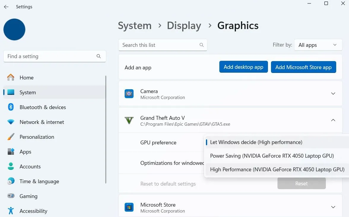 Cài đặt ưu tiên đồ họa cho ứng dụng và trò chơi trong Windows Settings