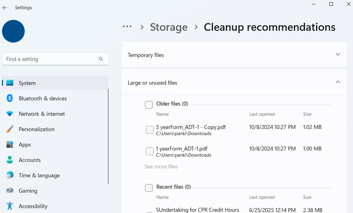 Cài đặt Windows 11 hiển thị các tệp lớn hoặc không sử dụng (Large or unused files) để chuyển lên lưu trữ đám mây