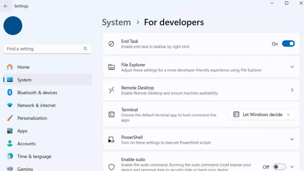 Cài đặt Windows 11: Menu For developers để bật tính năng End Task