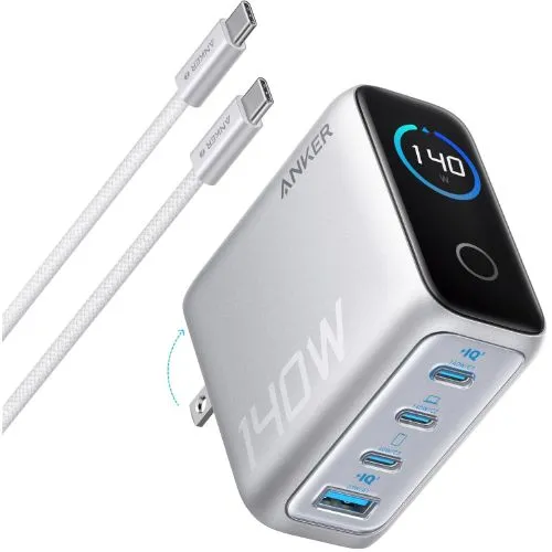 Cận cảnh củ sạc Anker 140W màu bạc với màn hình hiển thị