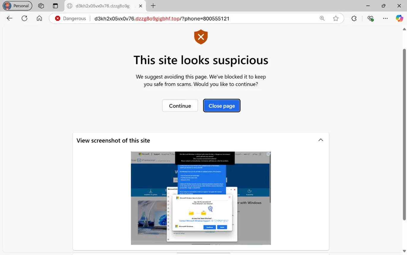 Cảnh báo chống scareware của Microsoft Edge hiển thị thông báo phát hiện trang web đáng ngờ và các tùy chọn Đóng trang hoặc Tiếp tục.
