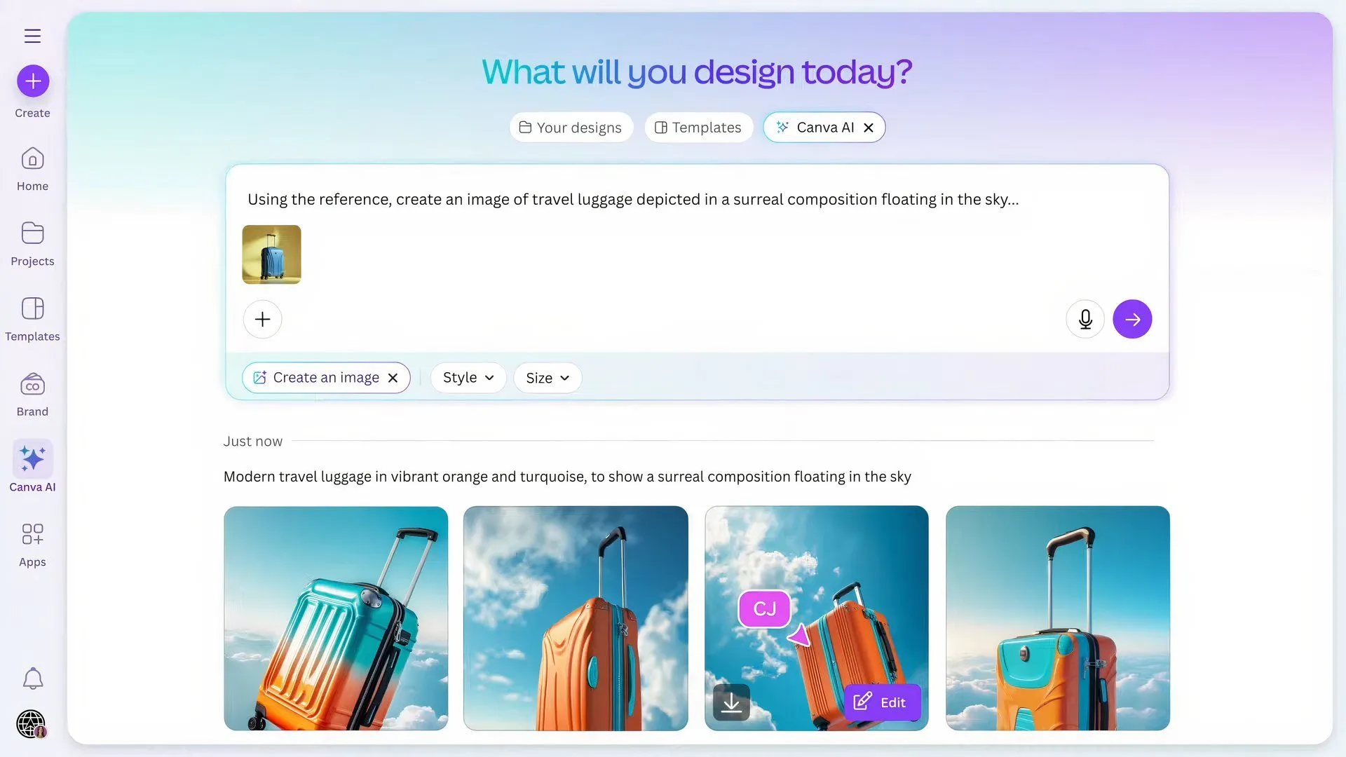 Canva AI với tính năng Create an Image giúp tạo ra hình ảnh mới dựa trên phong cách từ nội dung hiện có