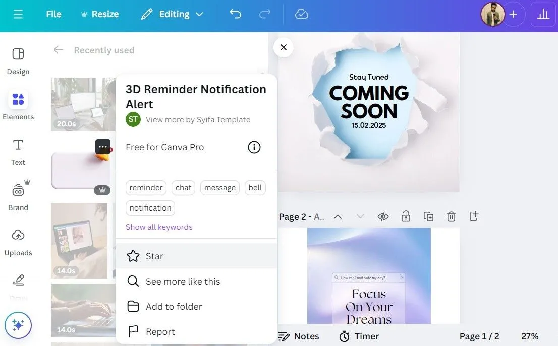 Canva hiển thị tùy chọn đánh dấu "Star" để lưu các yếu tố thiết kế yêu thích