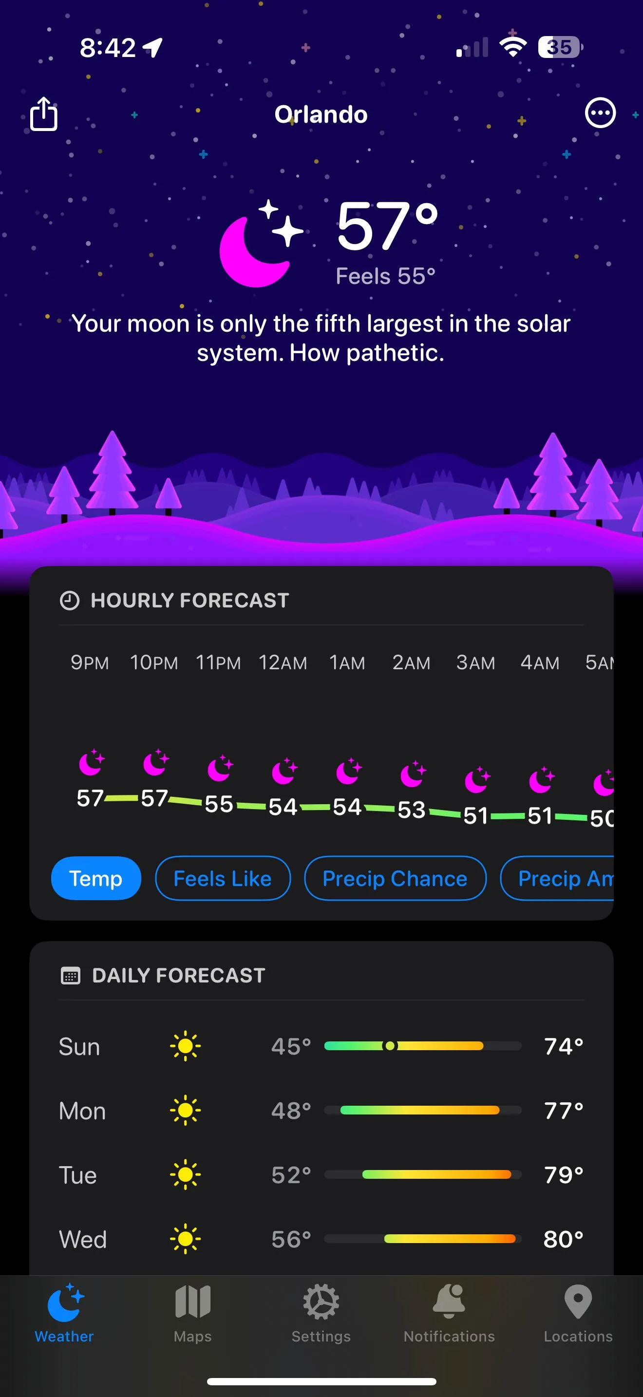 Carrot Weather: dự báo thời tiết Orlando với lời lẽ châm biếm trên iPhone