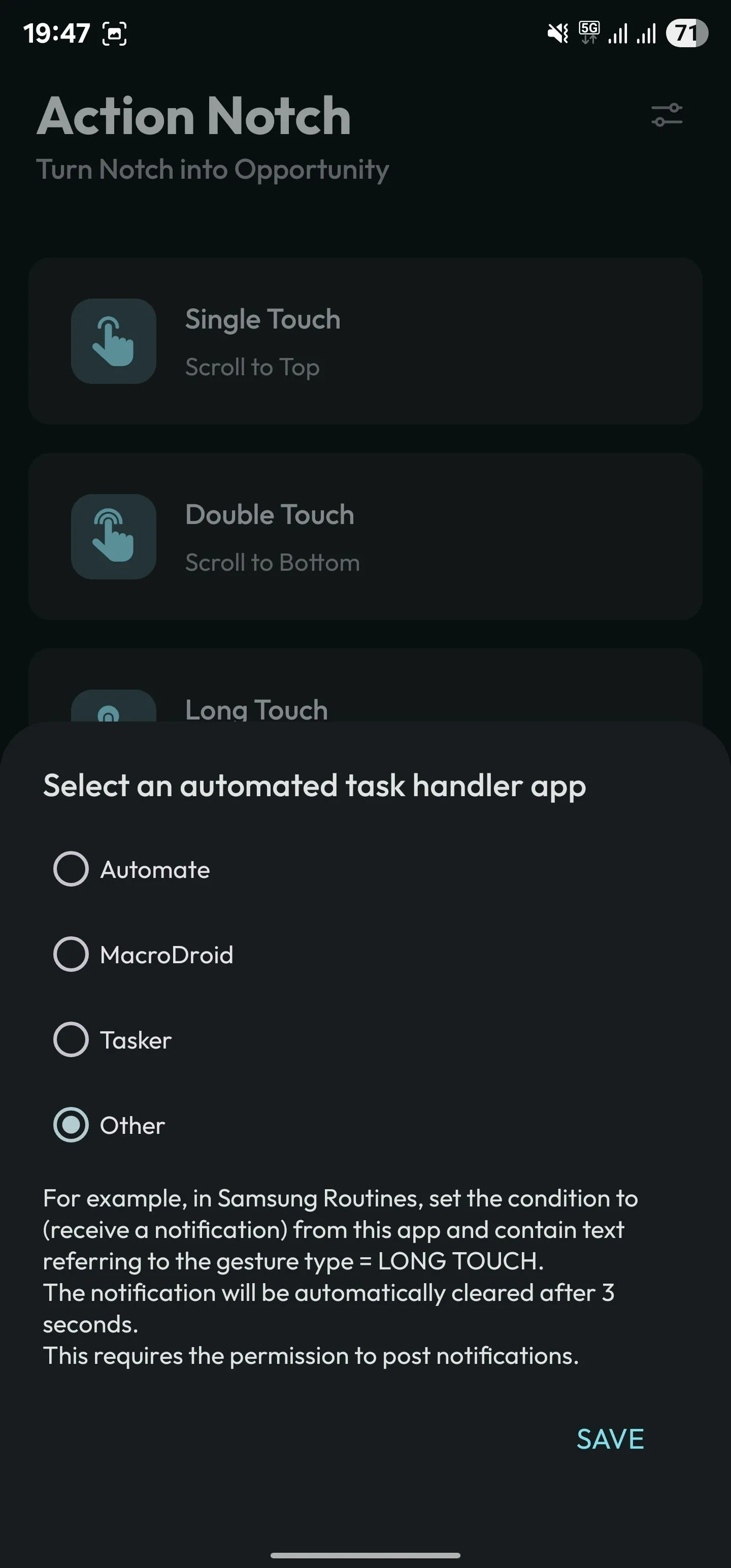 Cấu hình Action Notch để kích hoạt chế độ hoặc quy trình Samsung Galaxy qua tùy chọn &quot;Other&quot; trong Trigger an Automated Task