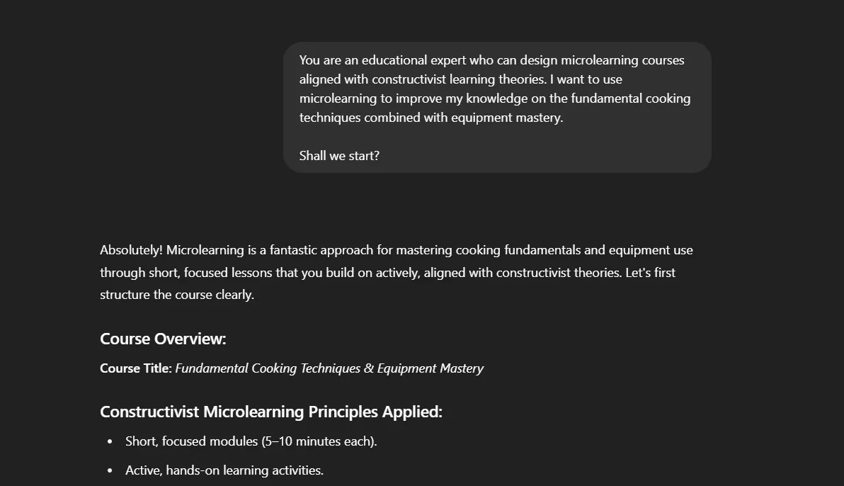 Cấu trúc khóa học microlearning do ChatGPT thiết kế với các chủ đề và bài học nhỏ.