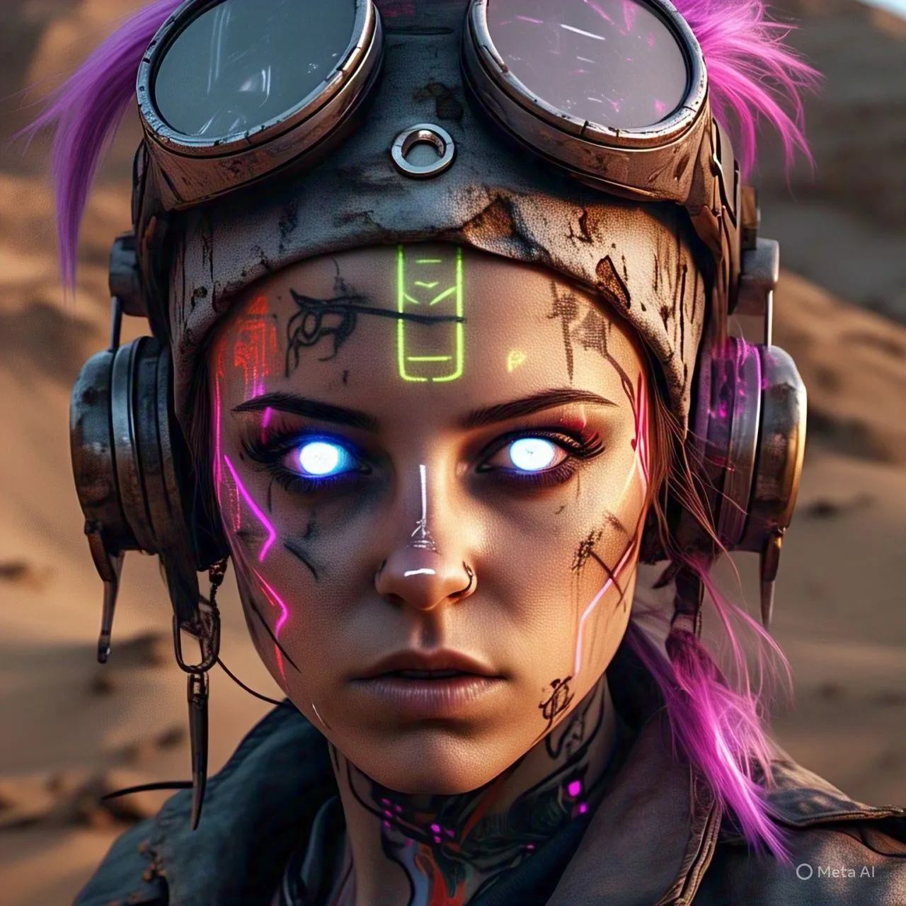 Chân dung người phụ nữ cyberpunk với hình xăm neon trong sa mạc rỉ sét