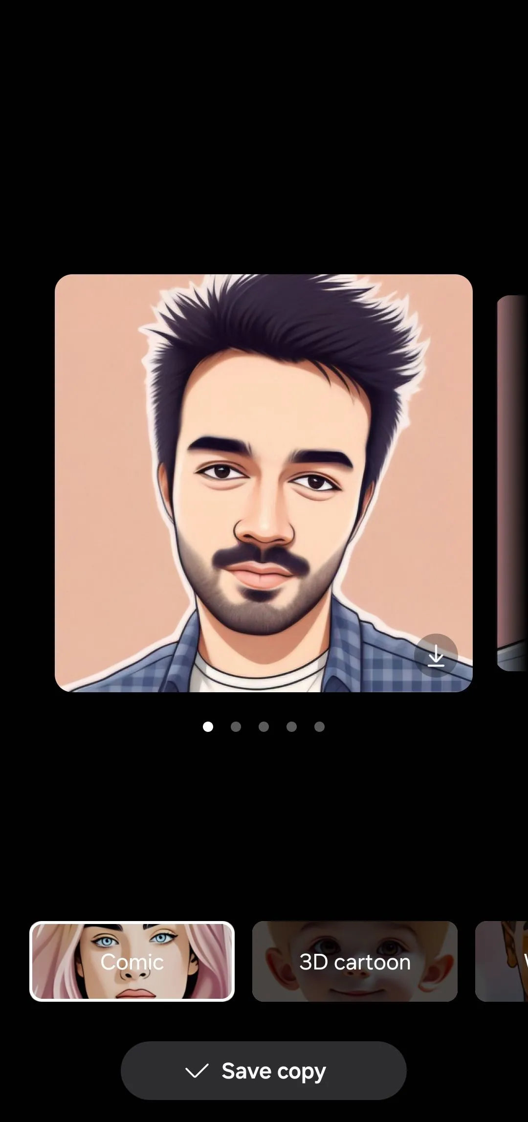 Chân dung phong cách truyện tranh được tạo từ ảnh selfie bằng Portrait Studio AI trên Samsung Galaxy