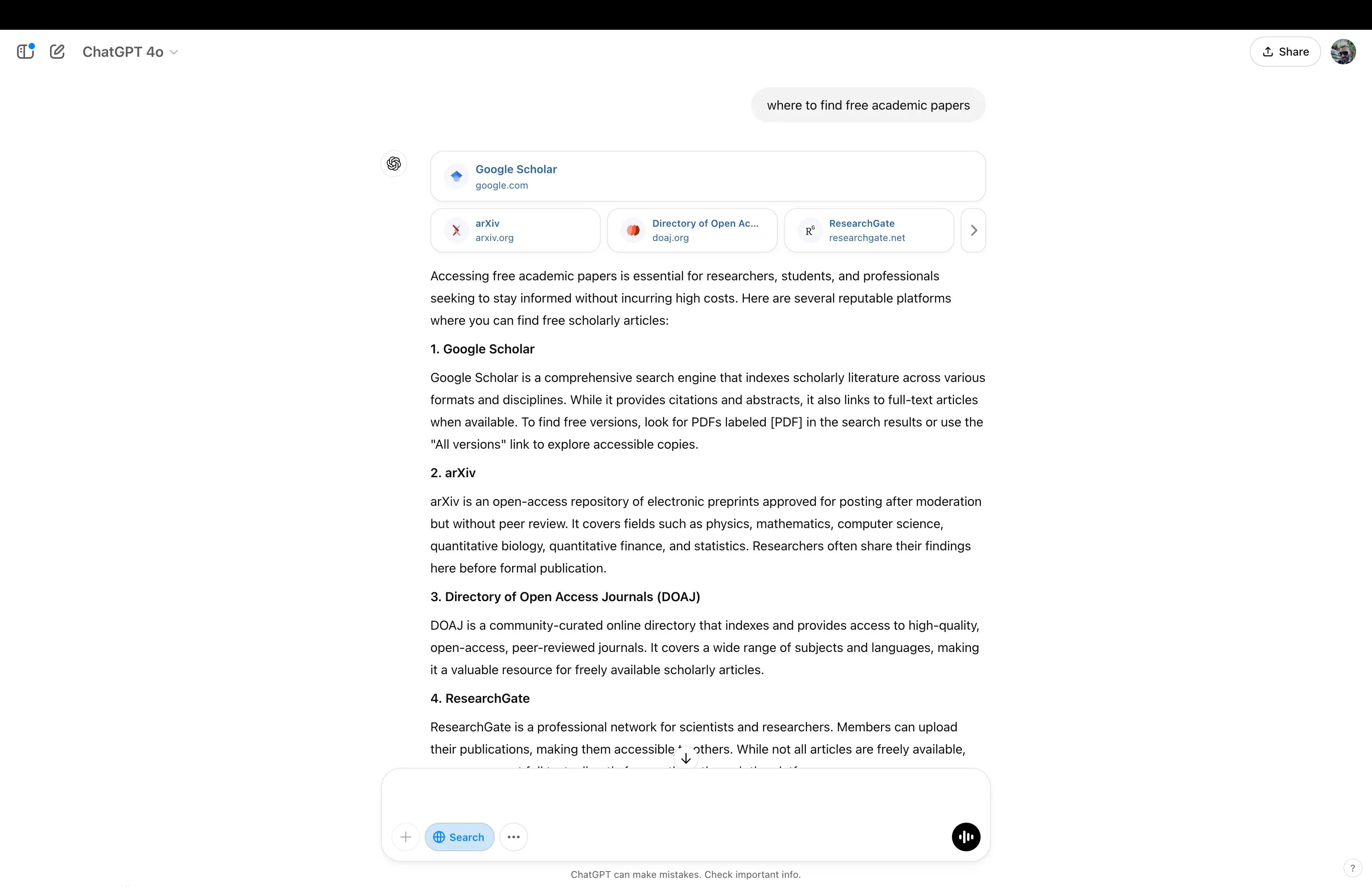 ChatGPT hiển thị kết quả tìm kiếm các tài liệu học thuật miễn phí, gợi ý Google Scholar